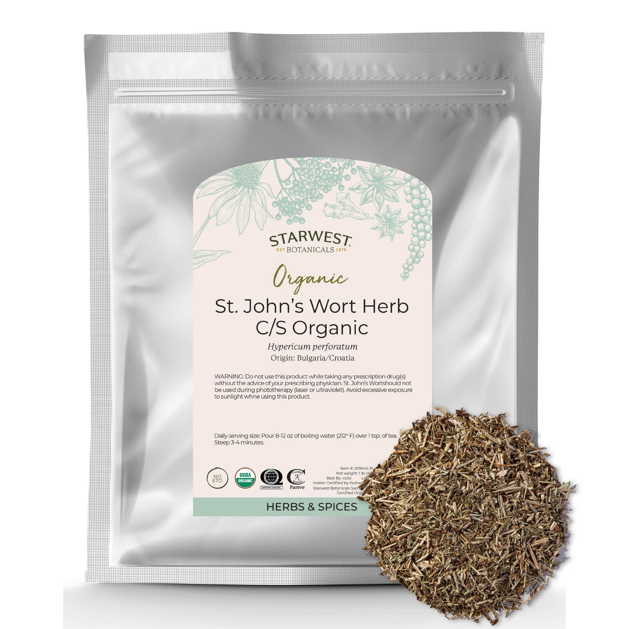 Organic dried St. John's Wort flowers in a 1 lb bag