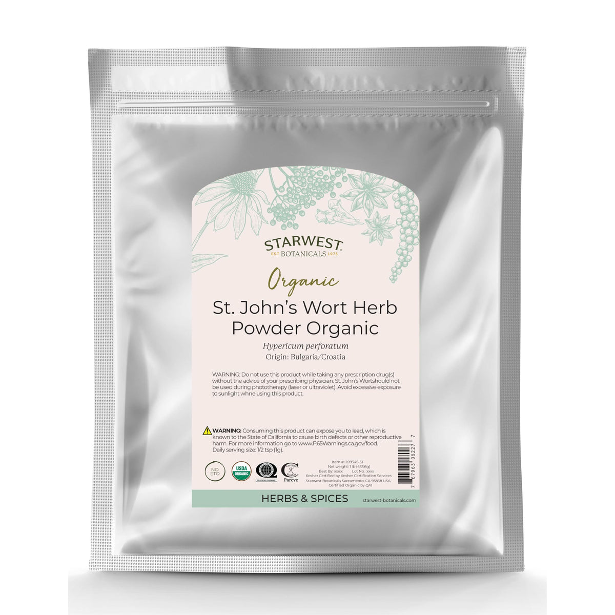 Starwest Organic St. John's Wort Powder in a 1 lb bag