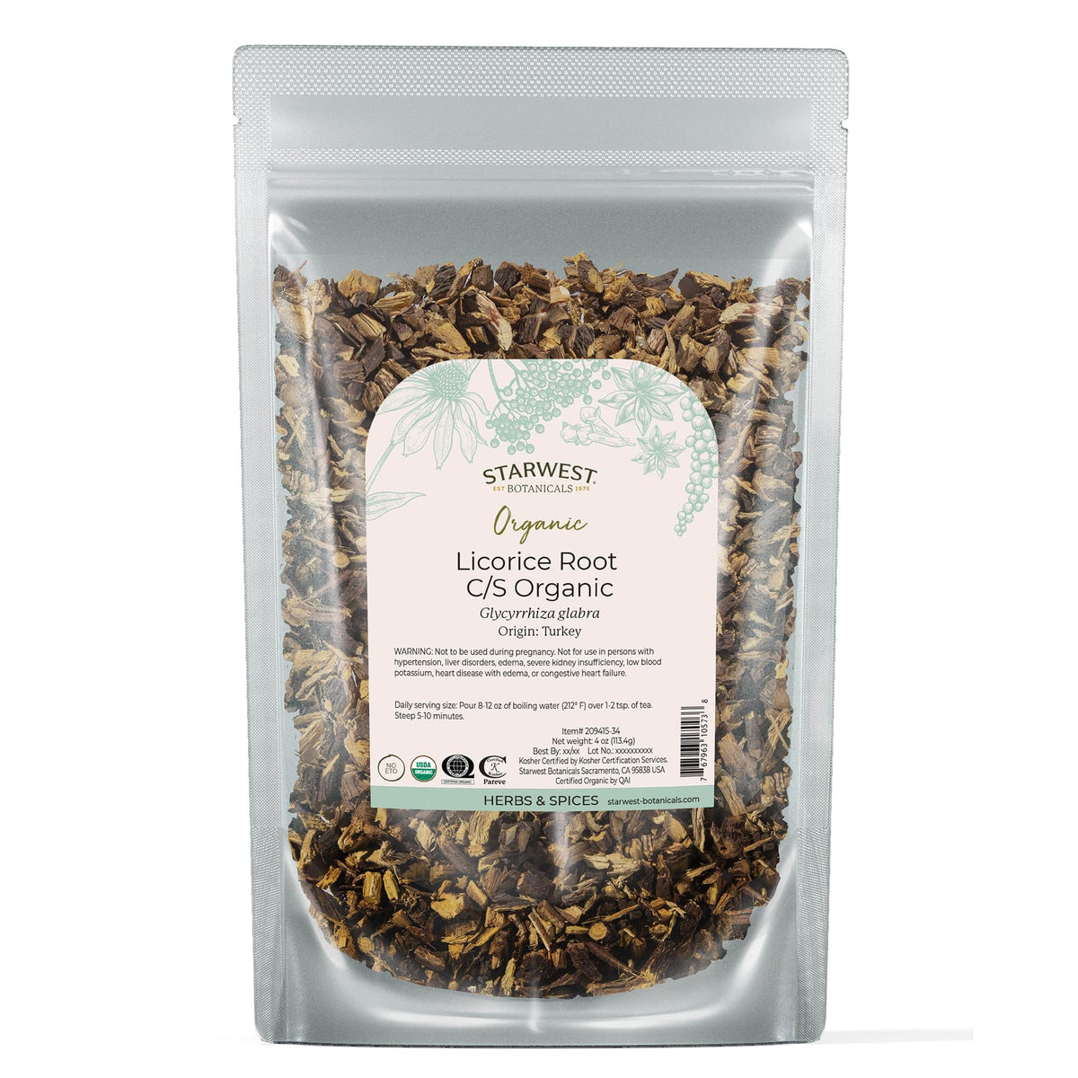 Starwest Botanicals Organic Dried Licorice Root in 4 oz resealable pouch