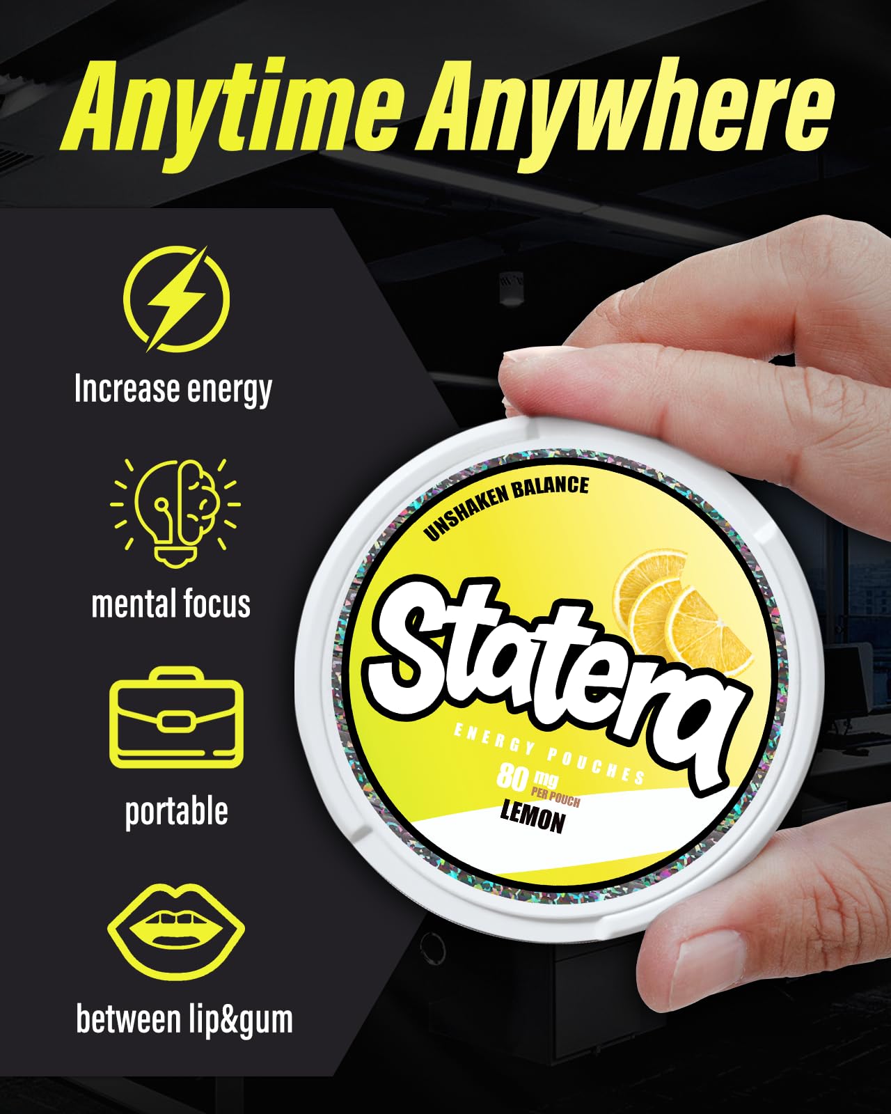Statera energy pouches blueberry packfront delivering fruity notes for refreshing boosts.