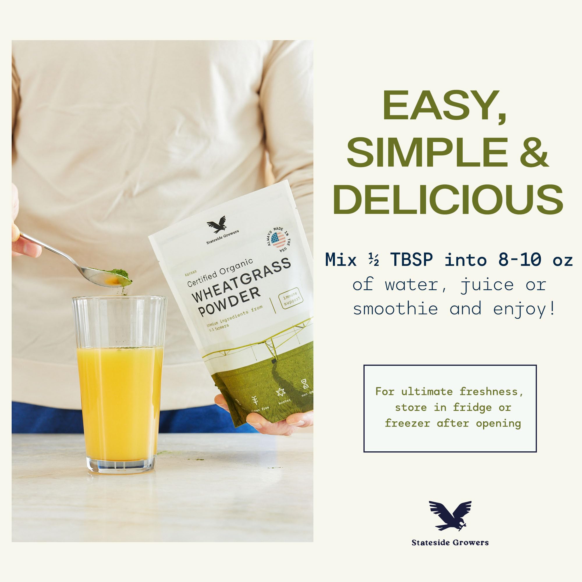Stateside Growers wheatgrass daily routine image suggests easy incorporation into beverages.