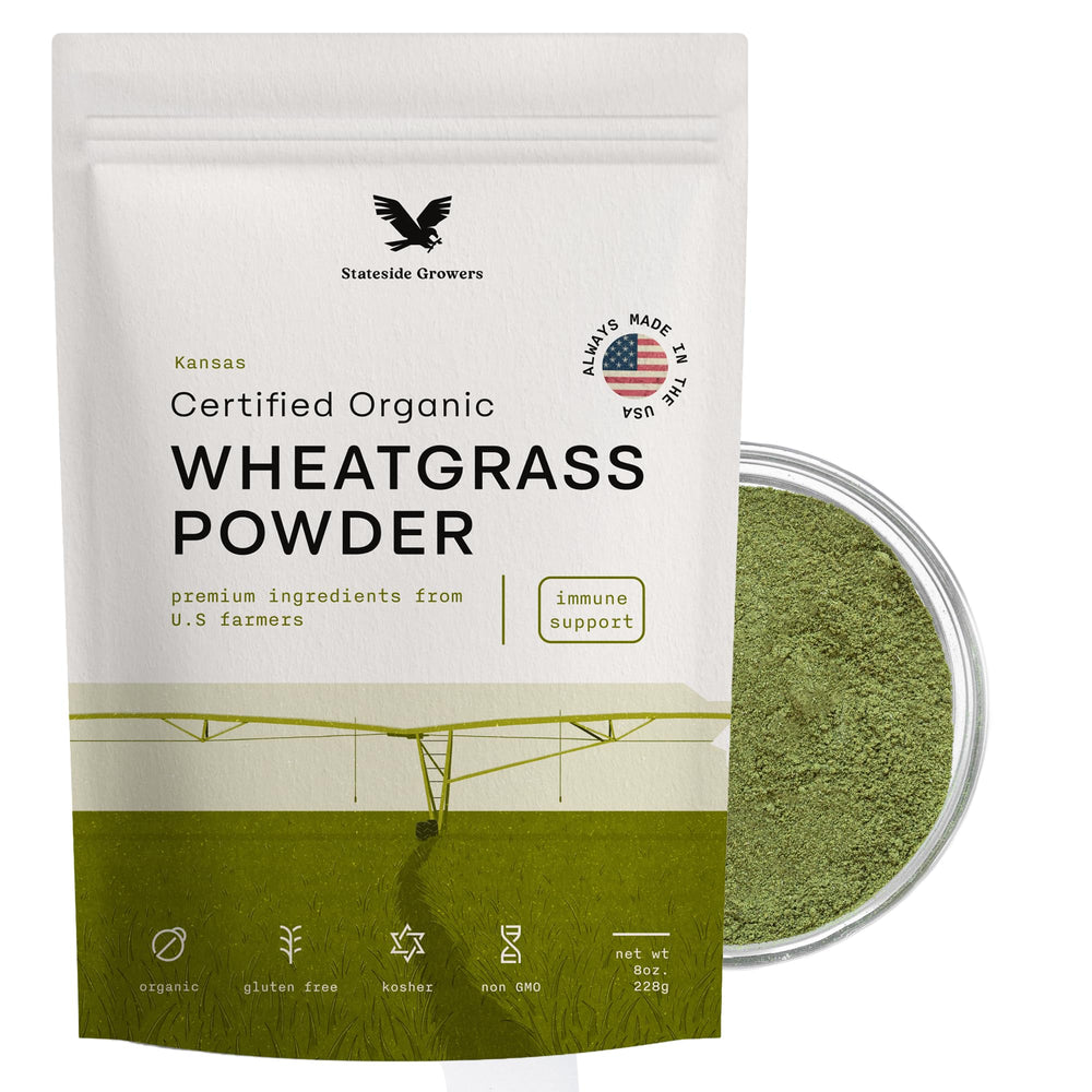 Stateside Growers wheatgrass powder bottle showcases organic whole-leaf powder for daily energy.