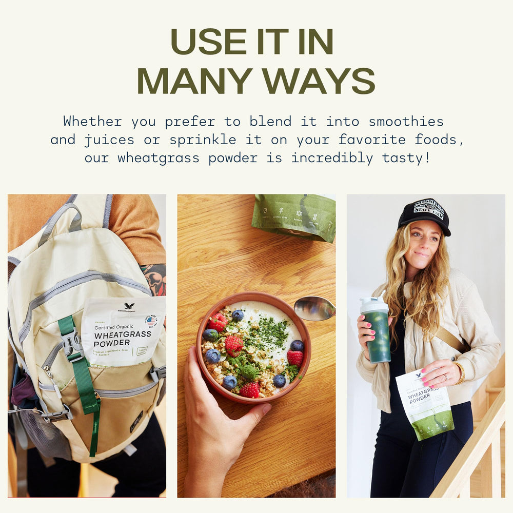 Stateside Growers wheatgrass powder packaging highlights organic certification and clean greens.
