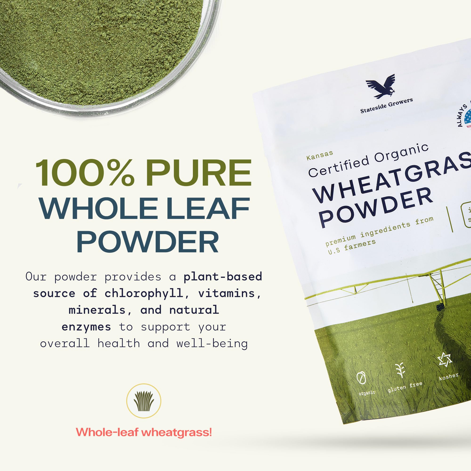 Stateside Growers wheatgrass powder packaging highlights organic certification and clean greens.