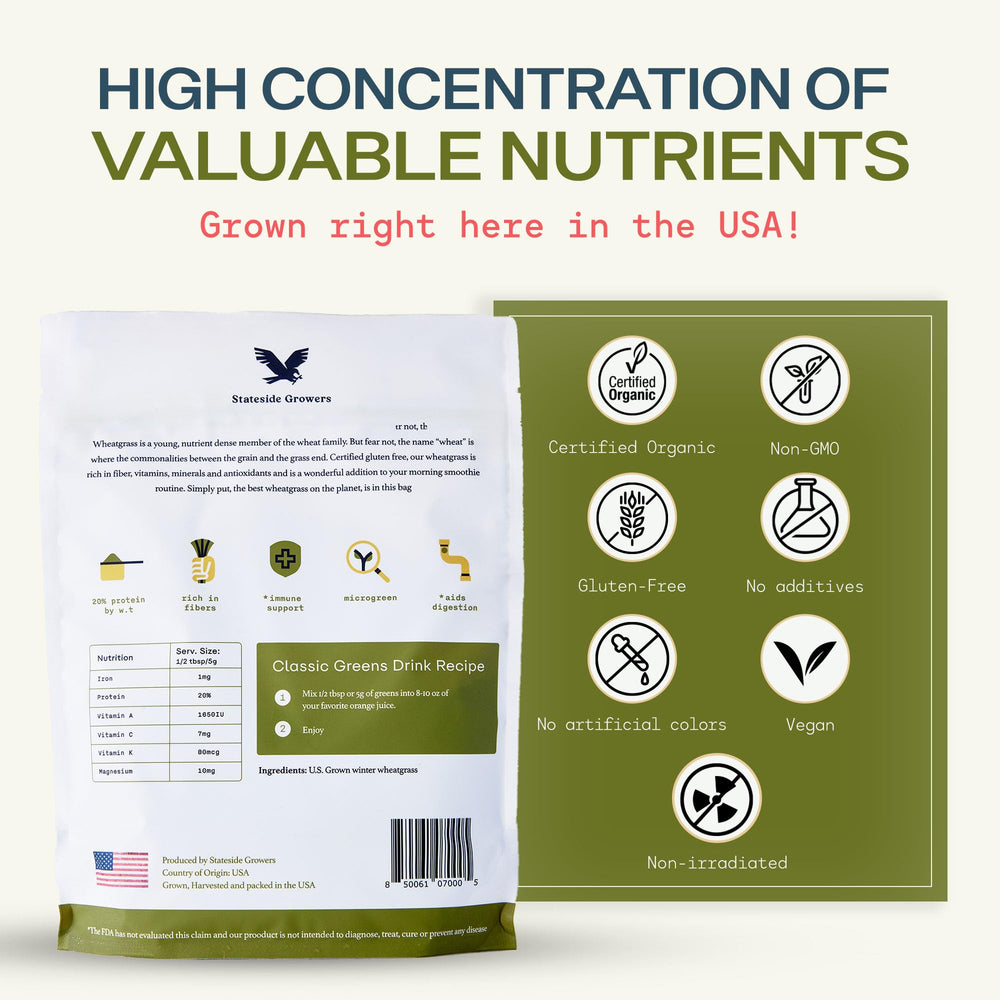 Stateside Growers wheatgrass smoothie mix demonstrates versatile daily use and refreshing greens.