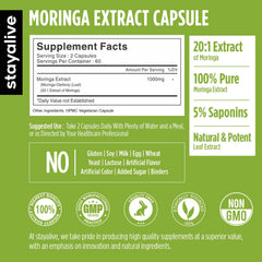 Close-up of STAY ALIVE Moringa capsules with 20:1 extract