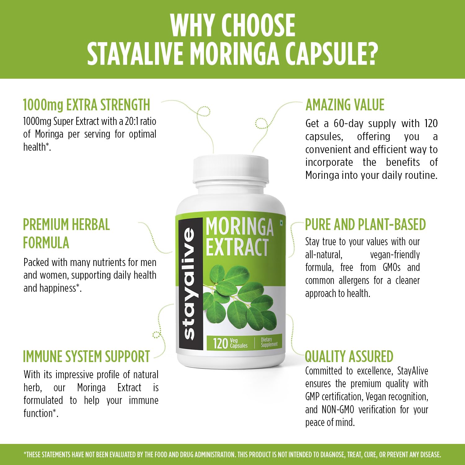 Assorted vitamins and herbs with Moringa leaves illustration