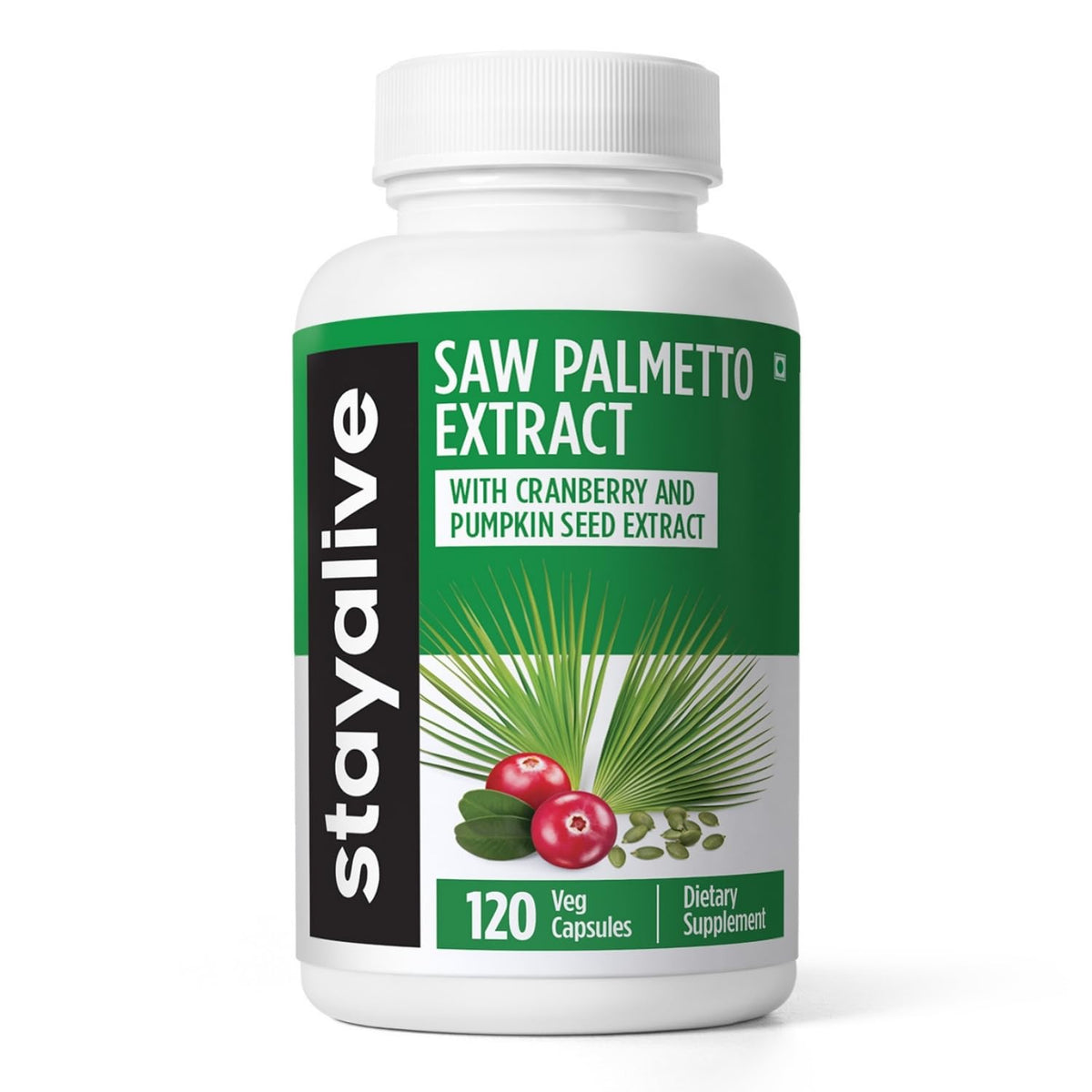 Bottle of STAY ALIVE Saw Palmetto Capsules with Cranberry and Pumpkin Seed Oil