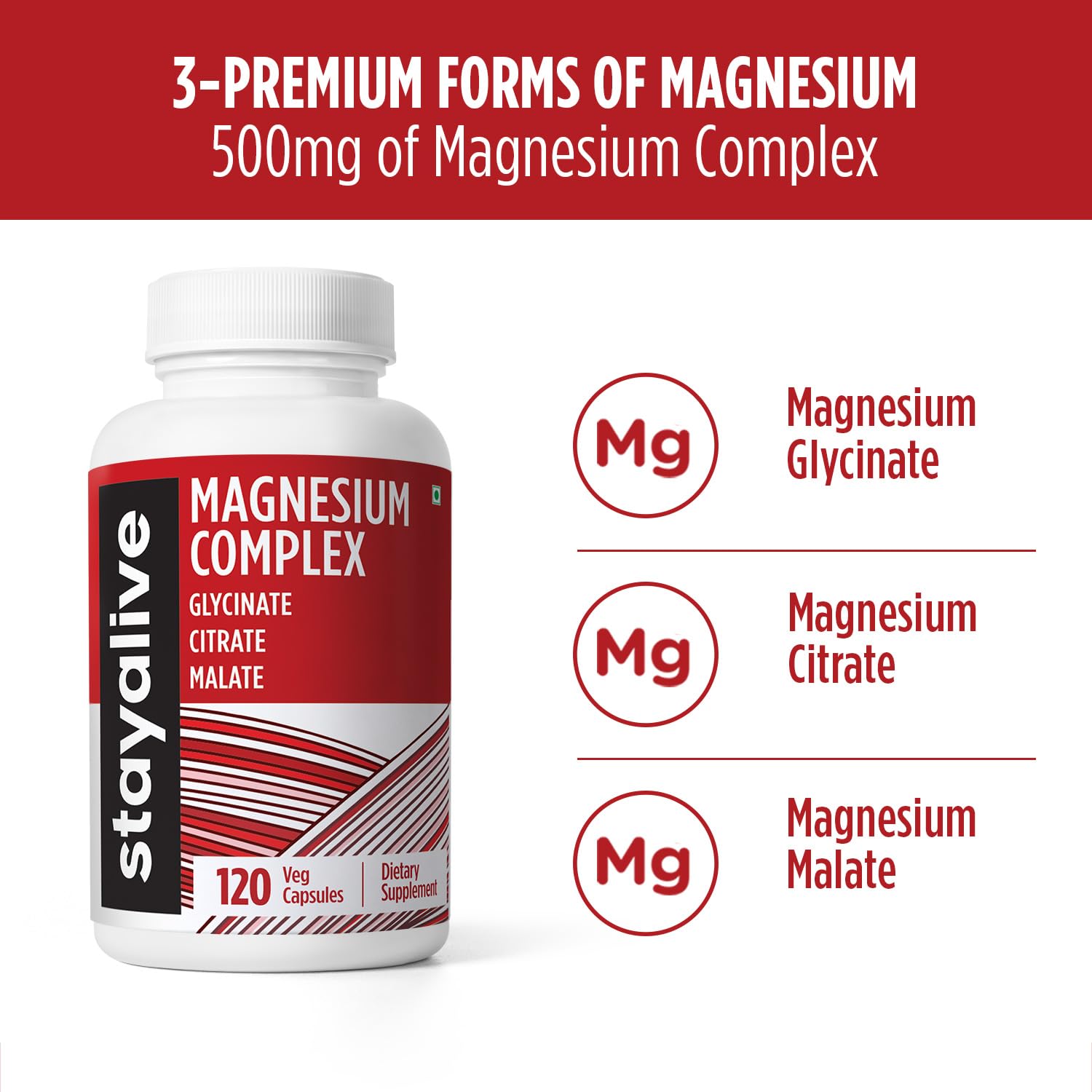 STAY ALIVE magnesium bottle label highlighting chelated high-absorption formula