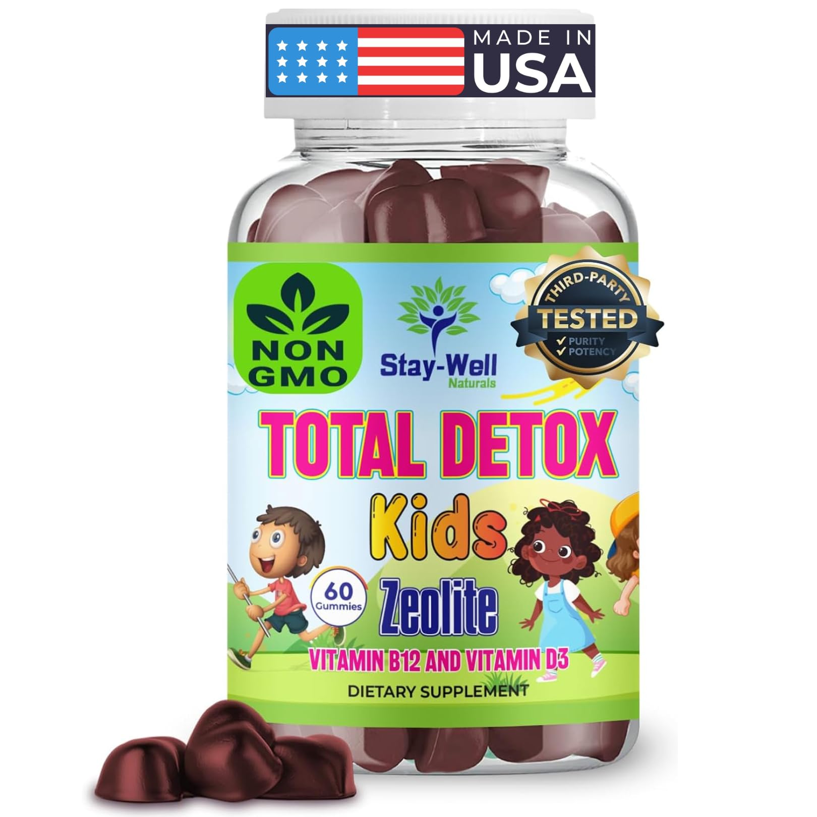 Stay-Well Naturals Kids Zeolite Gummies packaging shows a kid-friendly detox routine.