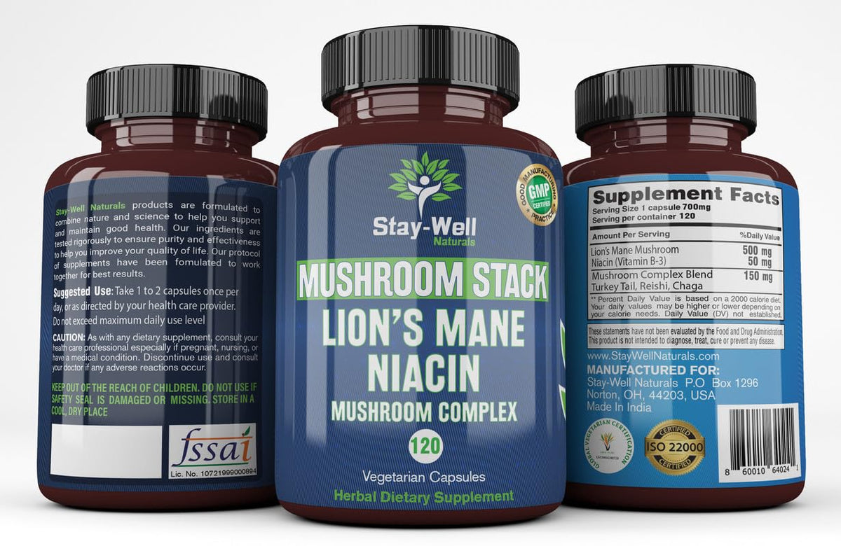 Stay-Well Naturals Lion's Mane Niacin capsules bottle on white background