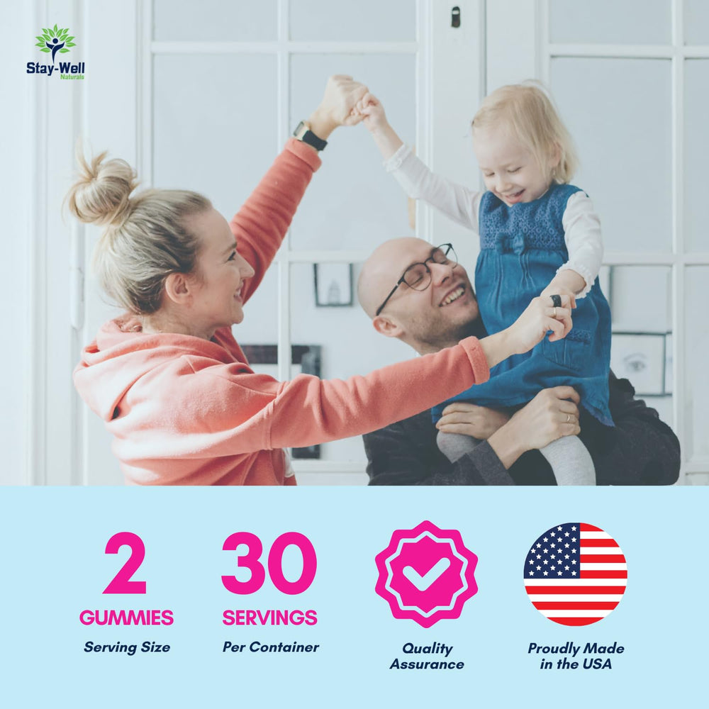 Stay-Well Naturals Vitamin D/B12 icons image signals bone support and energy potential.