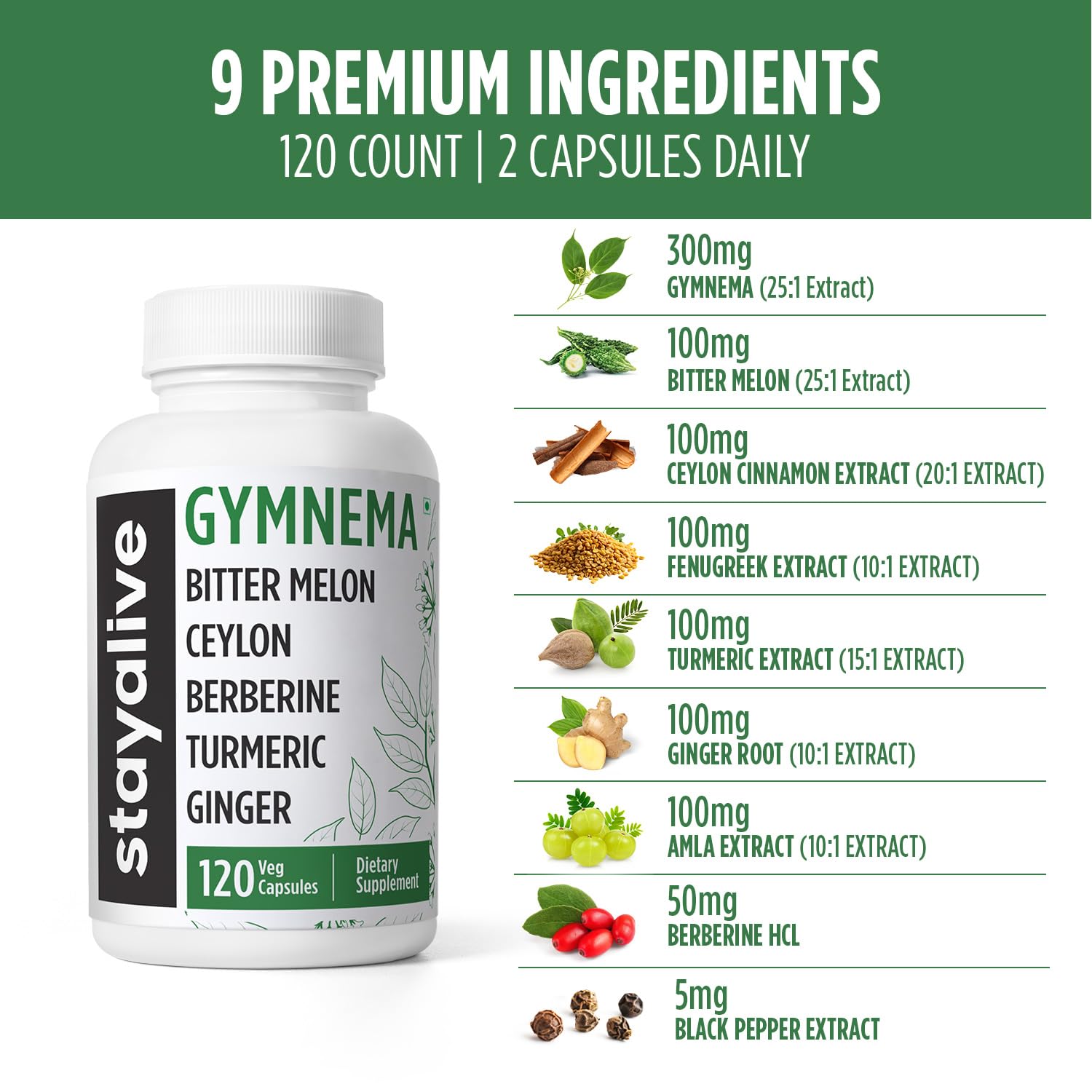 Front view of StayAlive 120 capsule bottle label