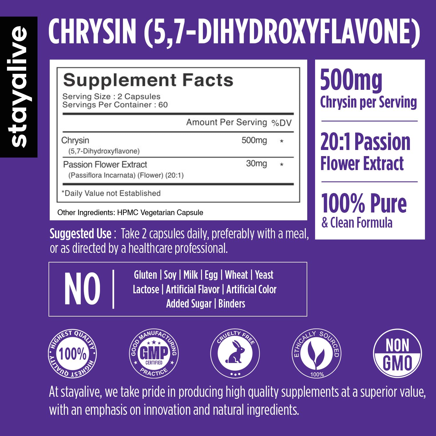 Chrysin 500mg and Passion Flower Extract per serving label