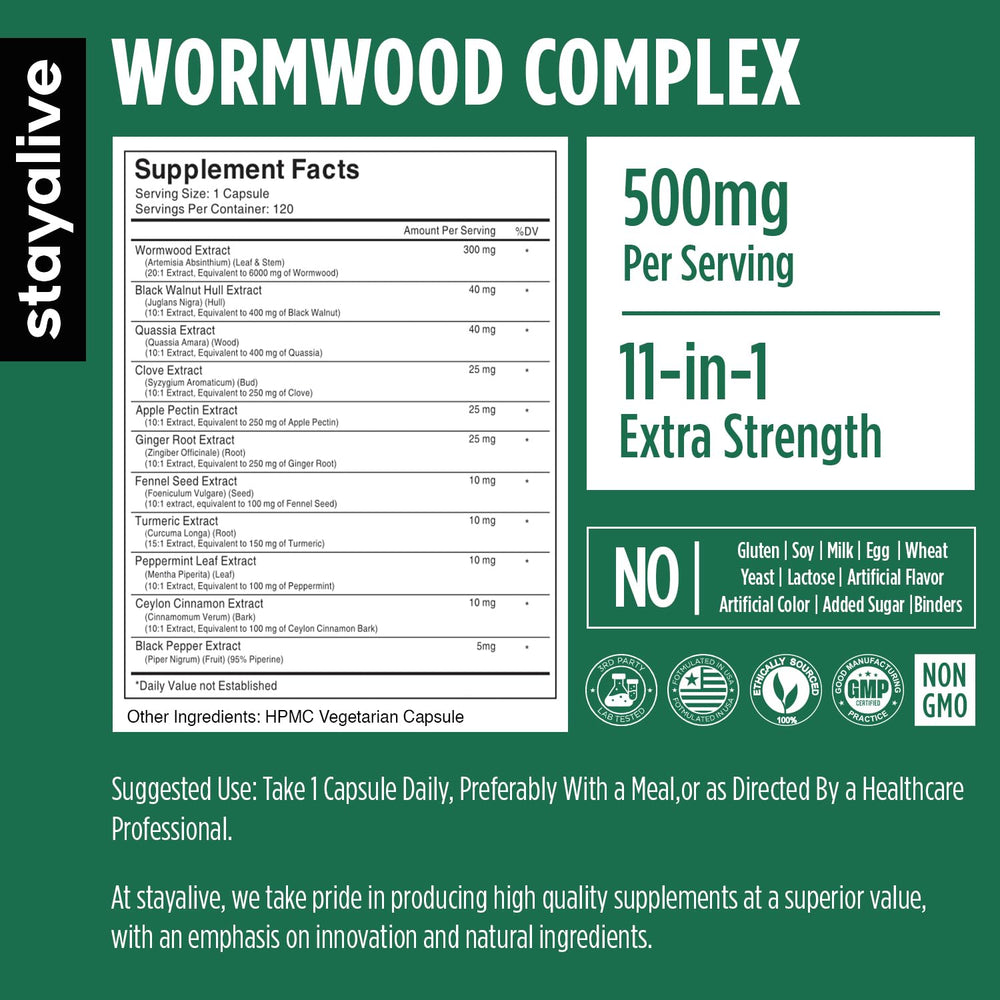 Close-up of STAY ALIVE Wormwood Cleanse label