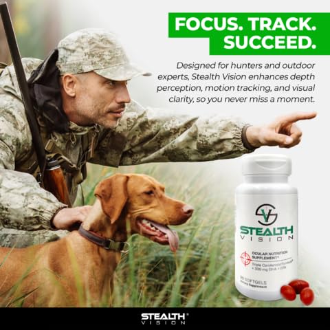 Adult wearing glasses next to Stealth Vision Eye Vitamin bottle