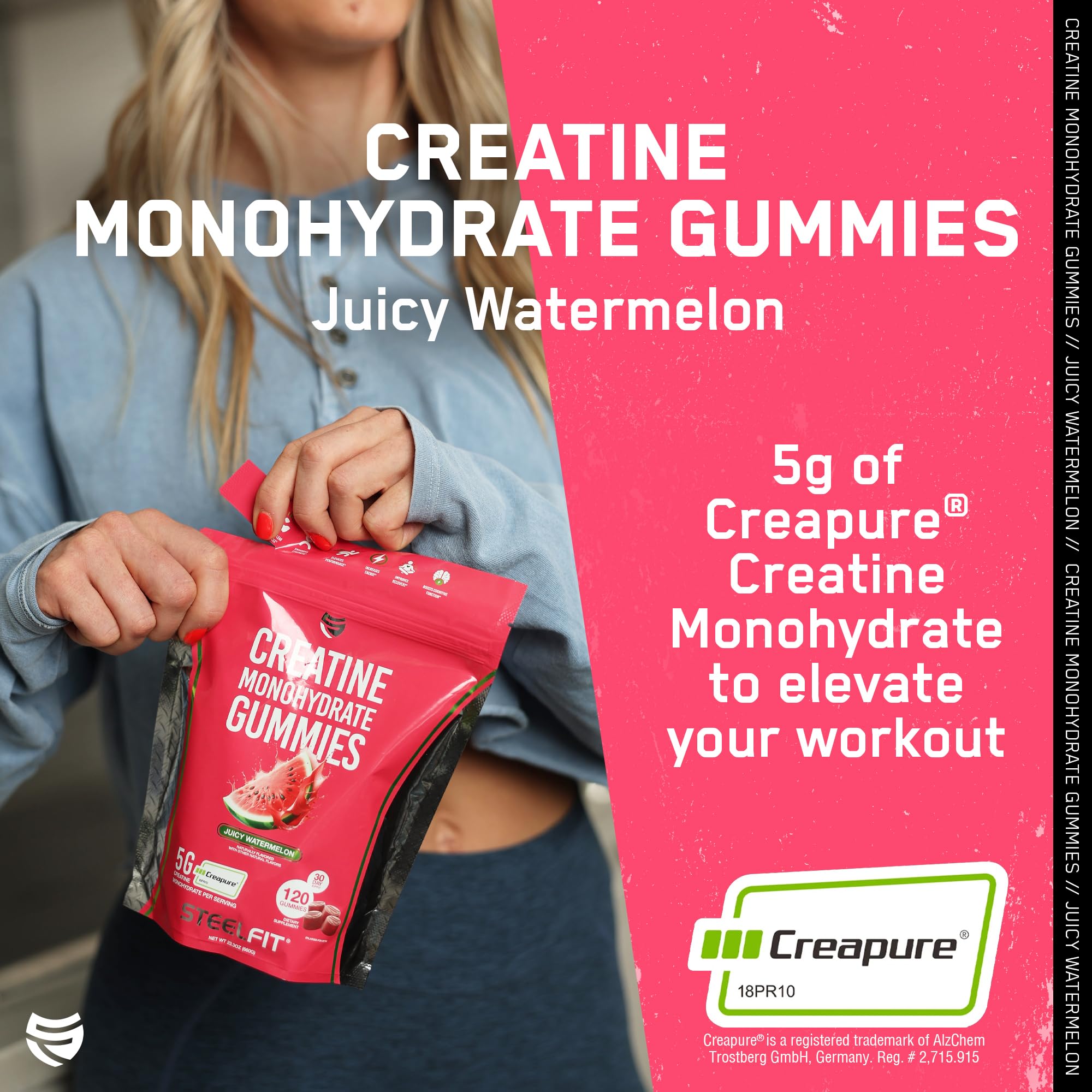 Back label of SteelFit Creapure Creatine Gummies bottle