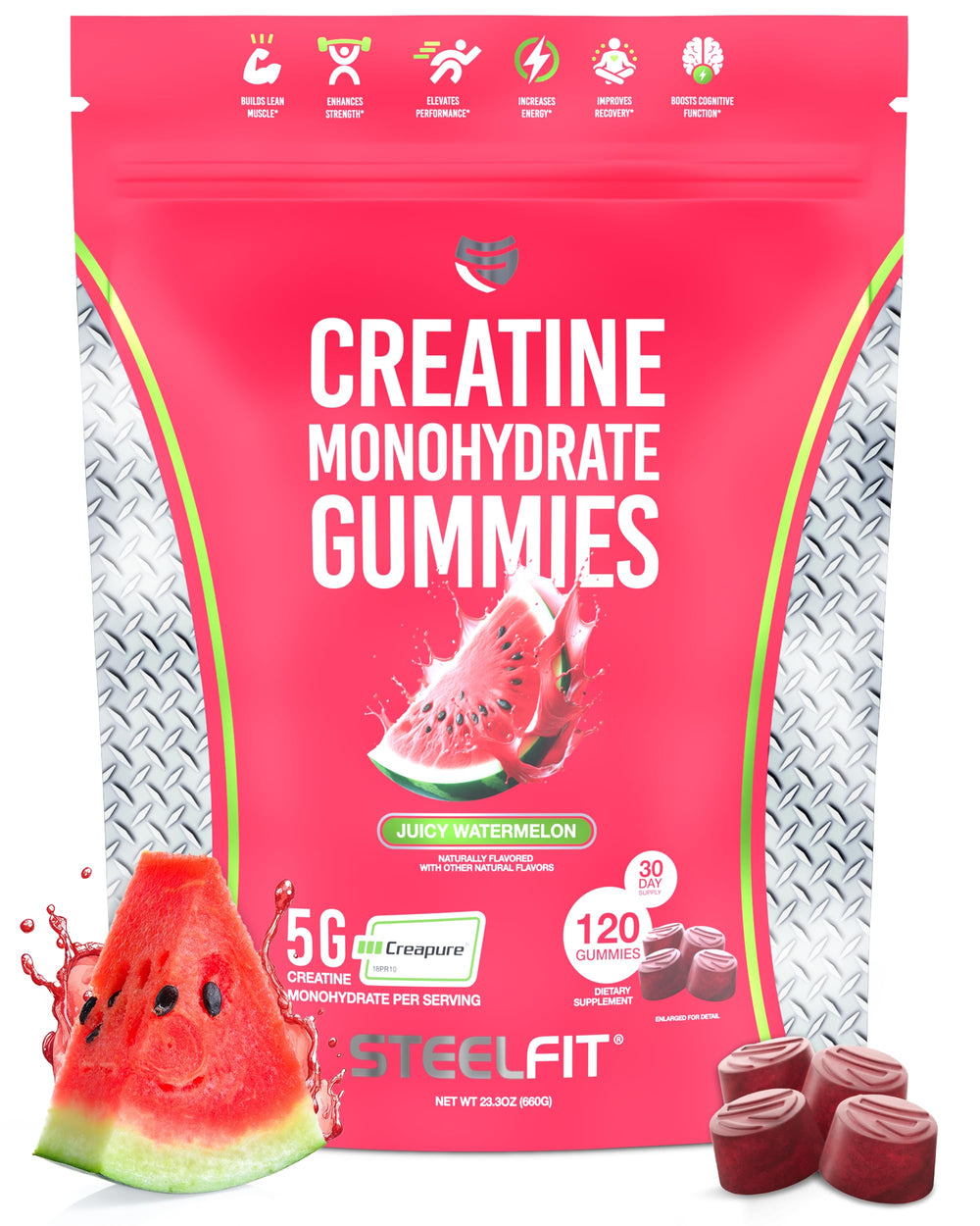 Front view of SteelFit Creapure Creatine Gummies with Juicy Watermelon flavor