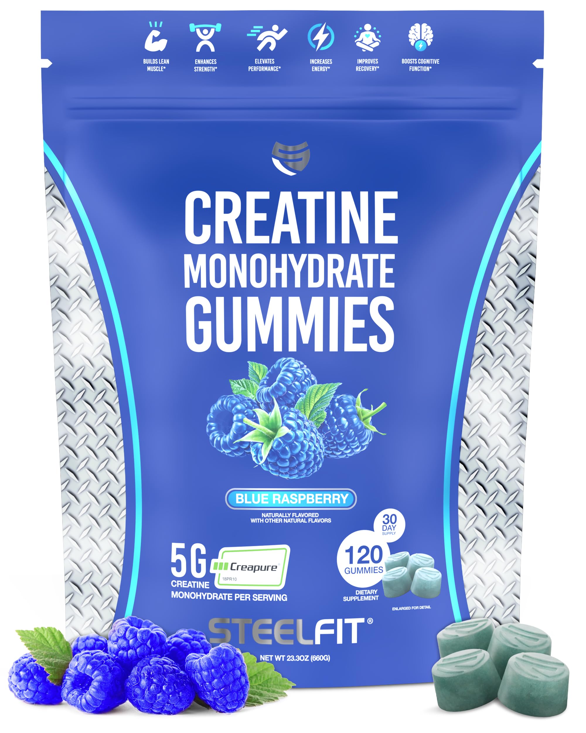 SteelFit Creapure Creatine Monohydrate Gummies blue raspberry bottle label