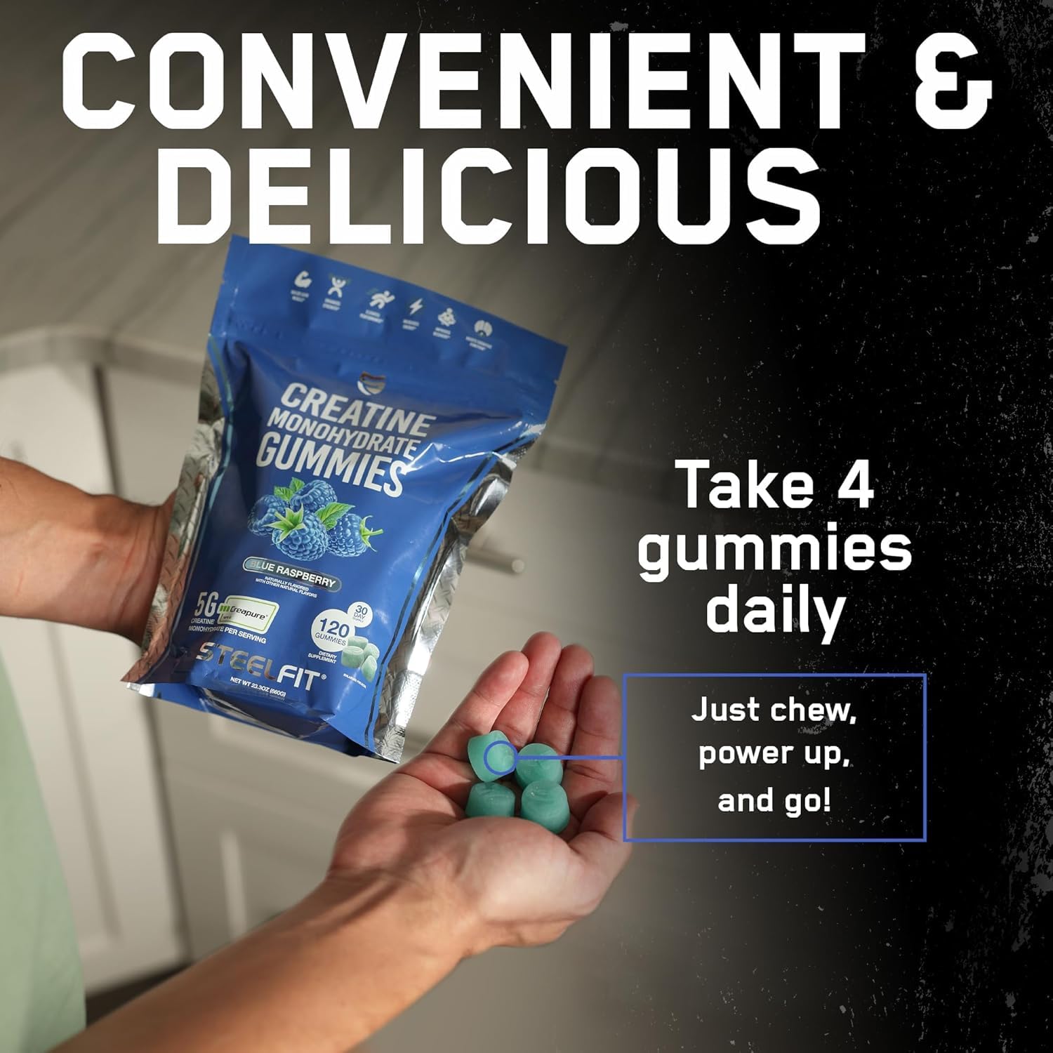 On-the-go bottle of Creatine Monohydrate Gummies for workouts