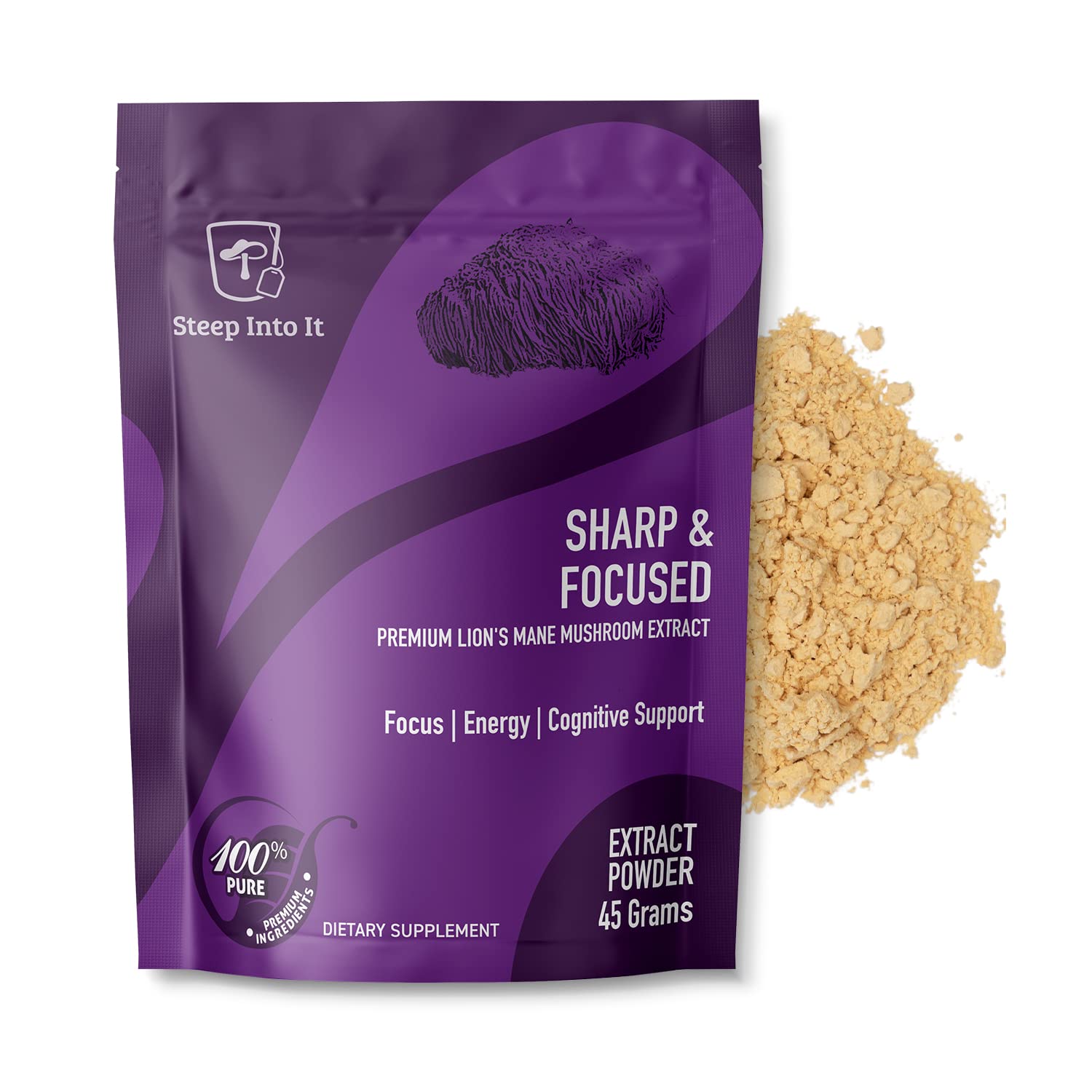 Steep Into It Lions Mane supplement bottle with label