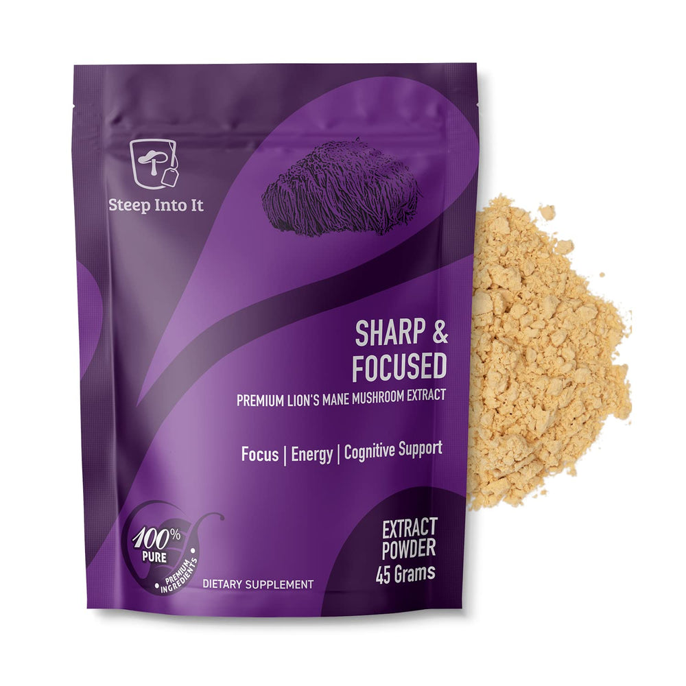Steep Into It Lions Mane supplement bottle with label