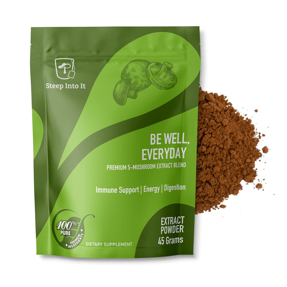 Steep Into It Organic Mushroom Powder container with scoop