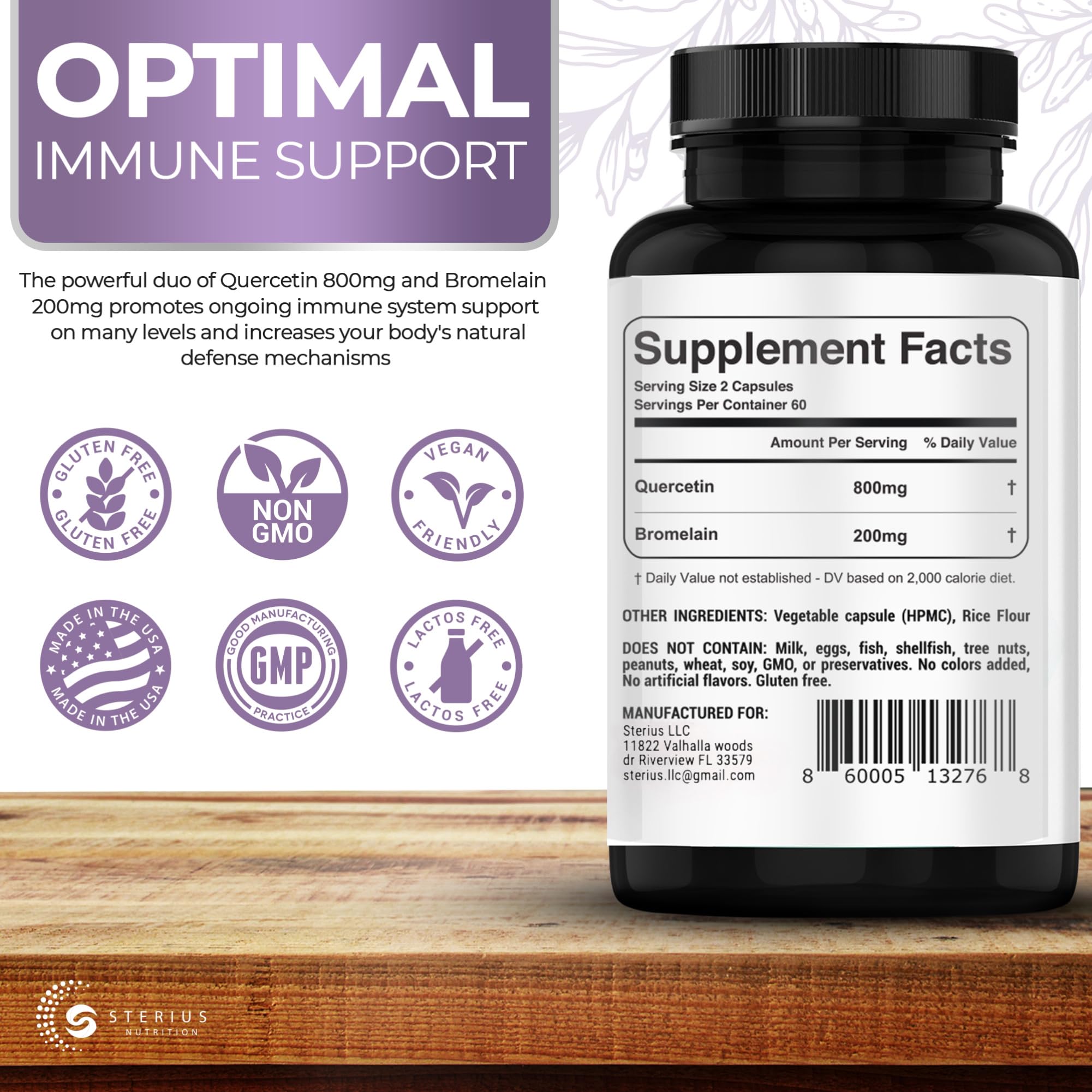 Quercetin with Bromelain capsules shown in bottle