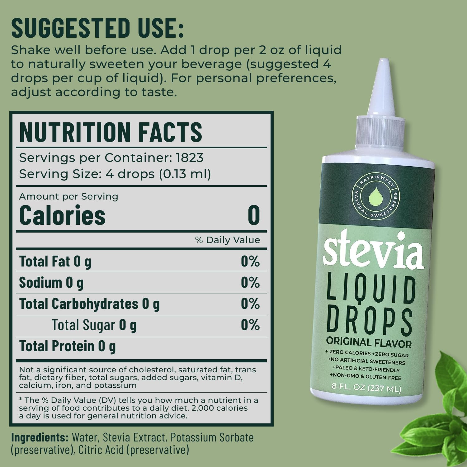 Close-up of dropper dispensing stevia liquid