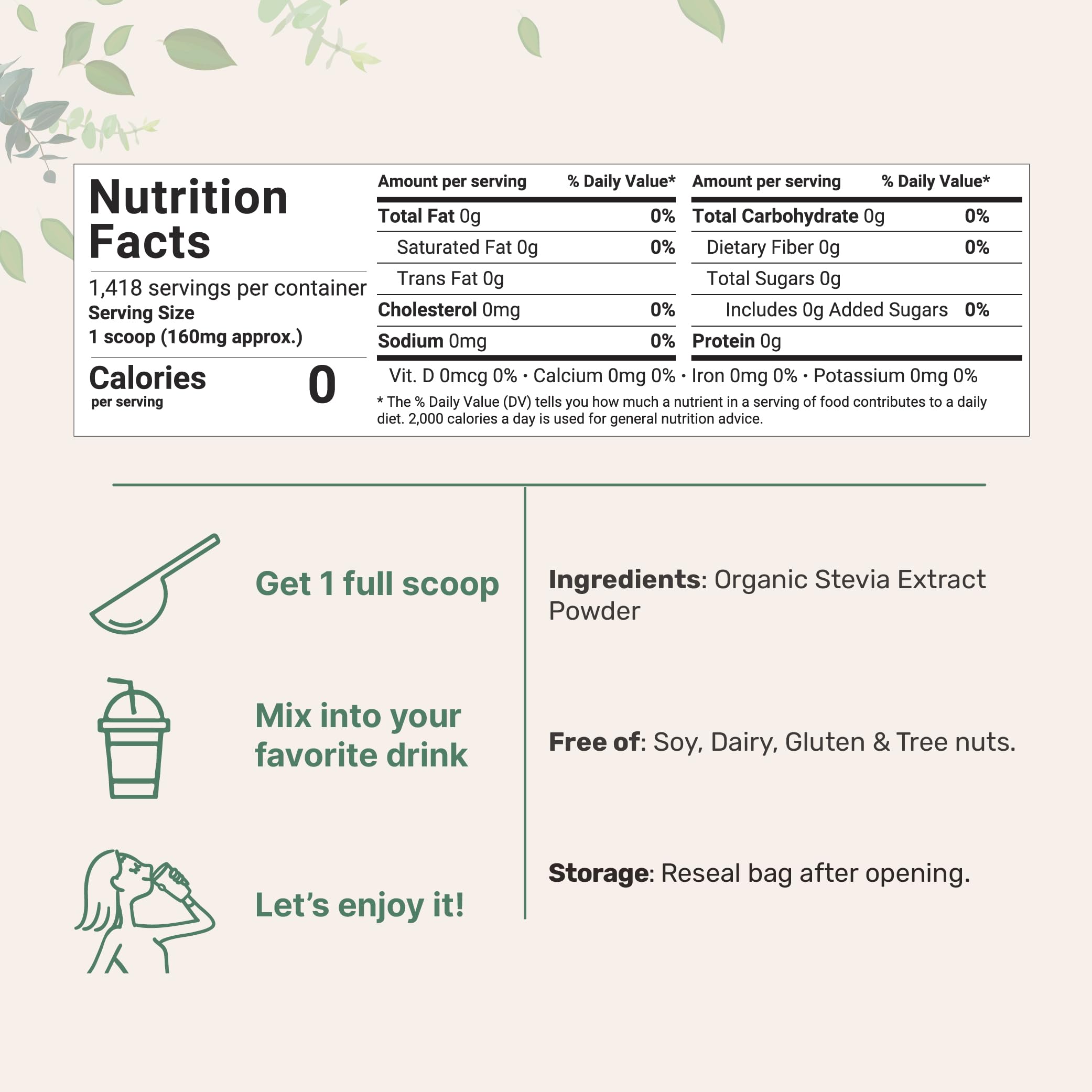 Back label of Pure Organic Stevia Powder 8 oz