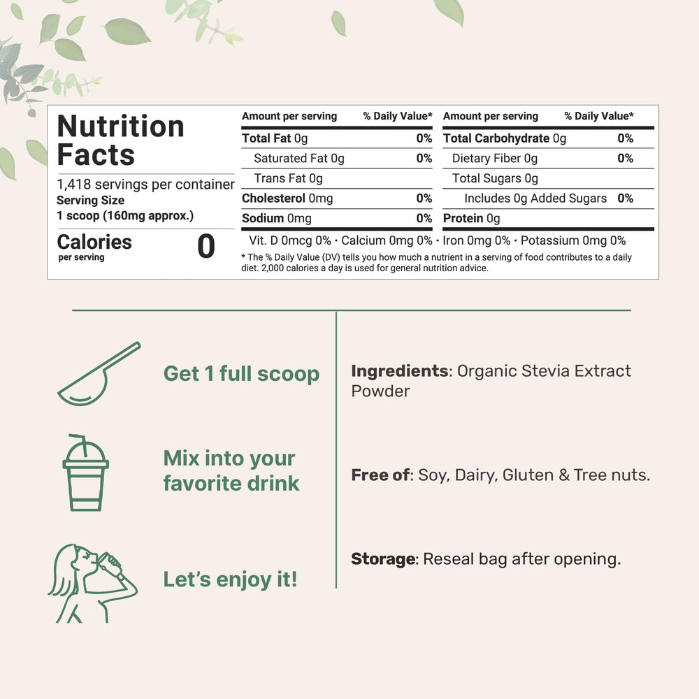 Back label of Pure Organic Stevia Powder 8 oz