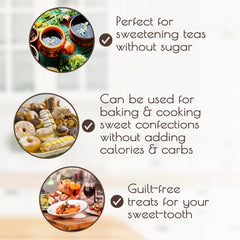 Stevia powder being dispensed into a cup of tea