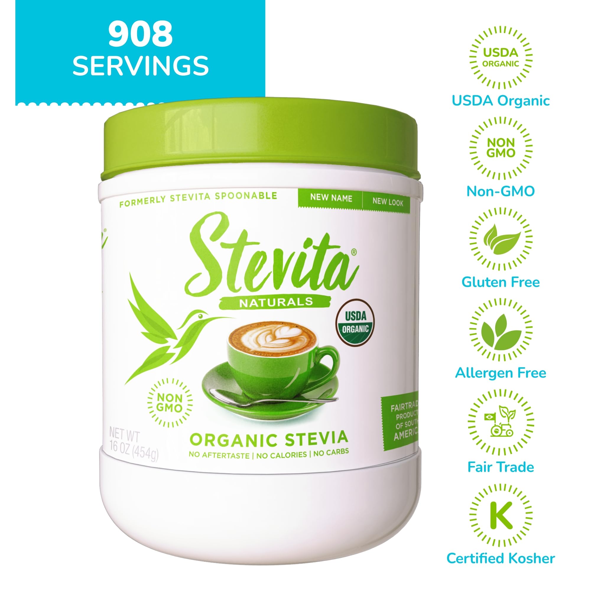 Gluten-free and vegan certification icons on Stevita packaging