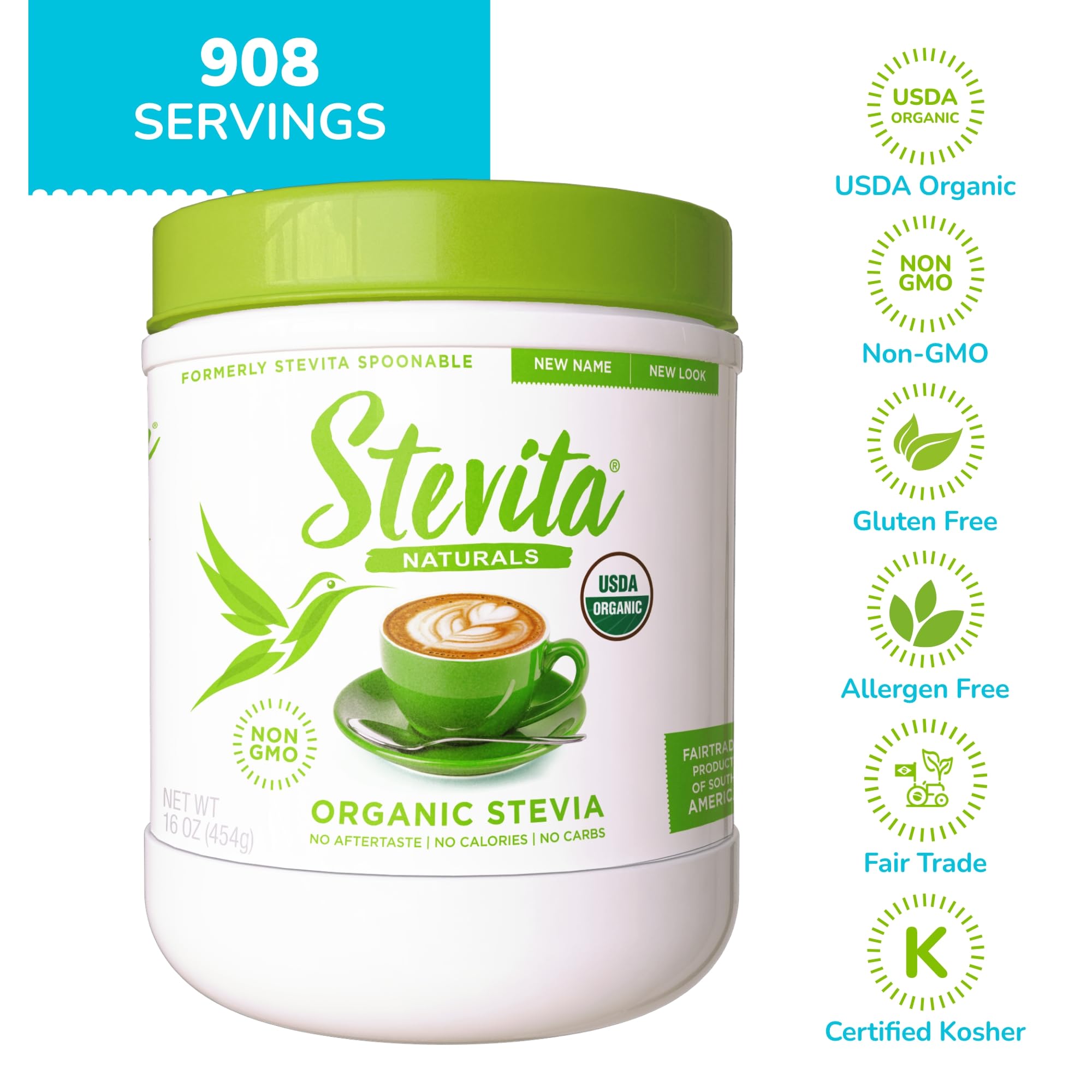 Packaging of Stevita Organic Stevia 16oz jar