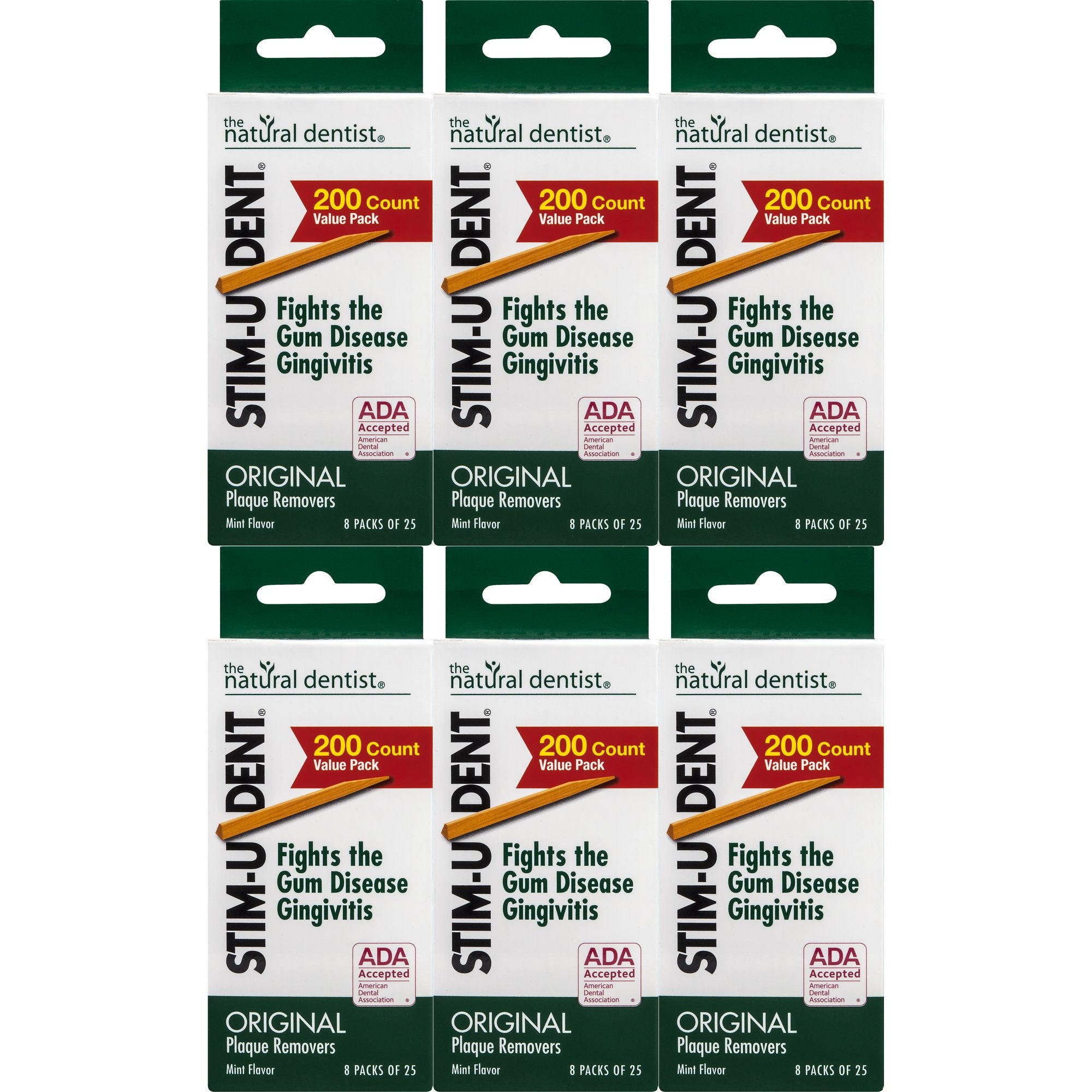 Stim-U-Dent Original Mint Plaque Removers 200-count box in a six-pack