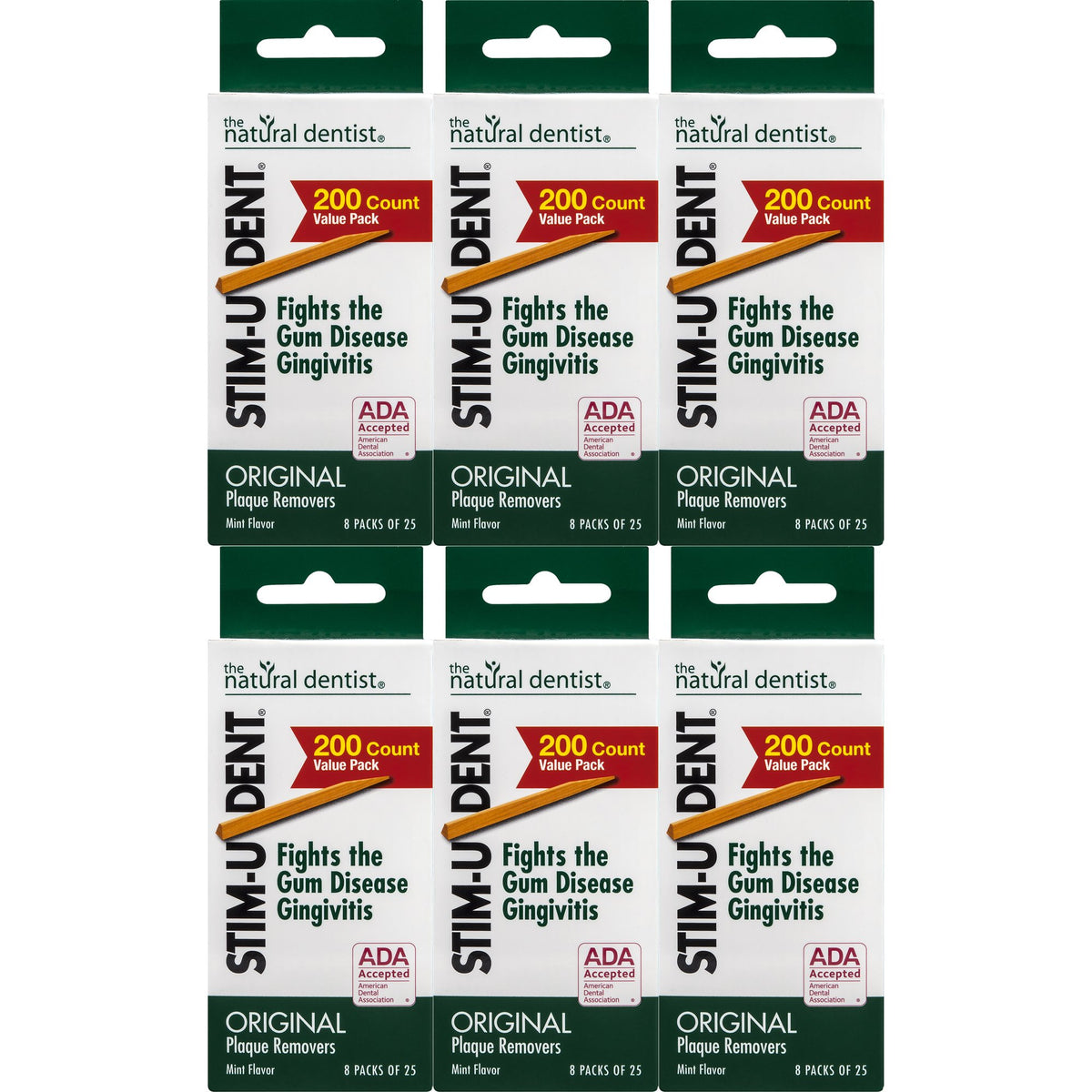 Stim-U-Dent Original Mint Plaque Removers 200-count box in a six-pack