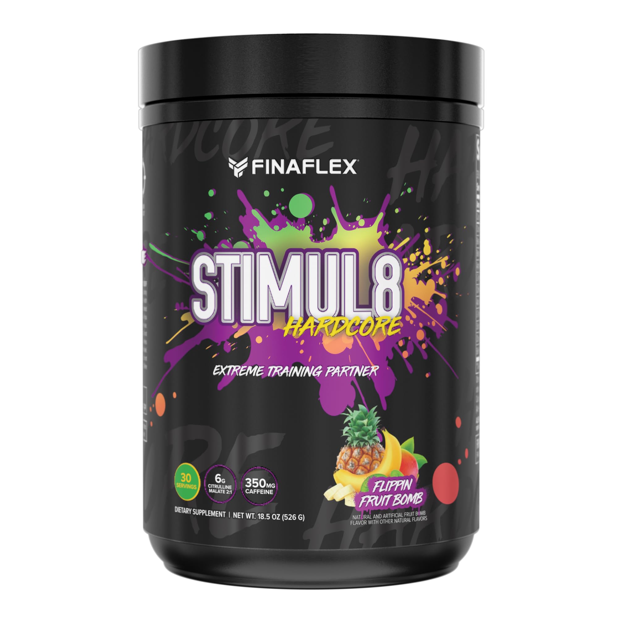 Front label of FINAFLEX Stim8 Hardcore Flippin Fruit Bomb pre-workout