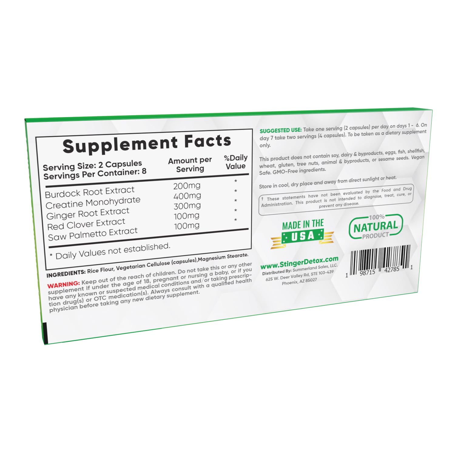 Packaging for Stinger Detox showing vegan and GMO-free labeling