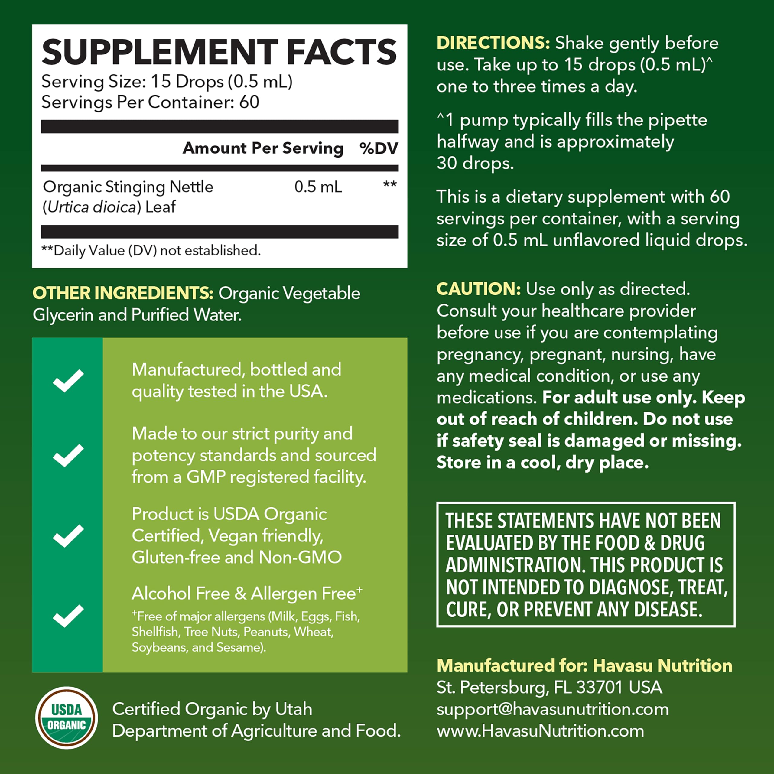 Back label of Stinging Nettle Leaf Extract Liquid Drops bottle