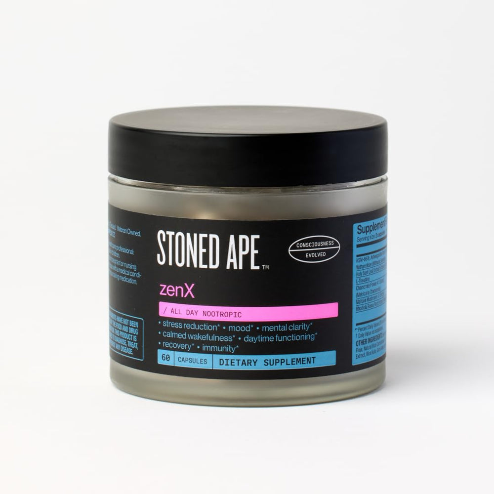 Stoned Ape ZenX bottle and label on white background