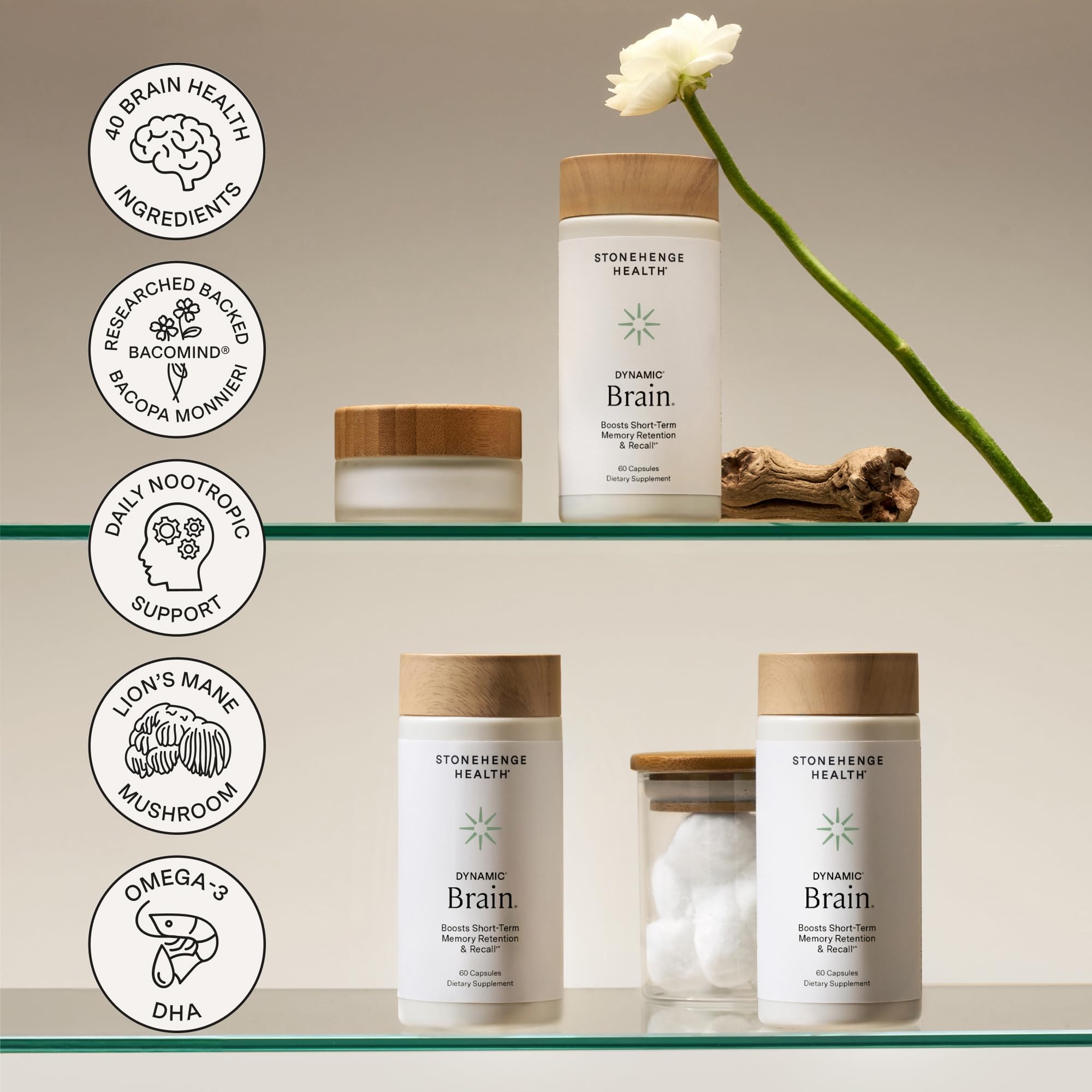 Bottle with glass of water and pills shows daily routine use for cognitive wellness.