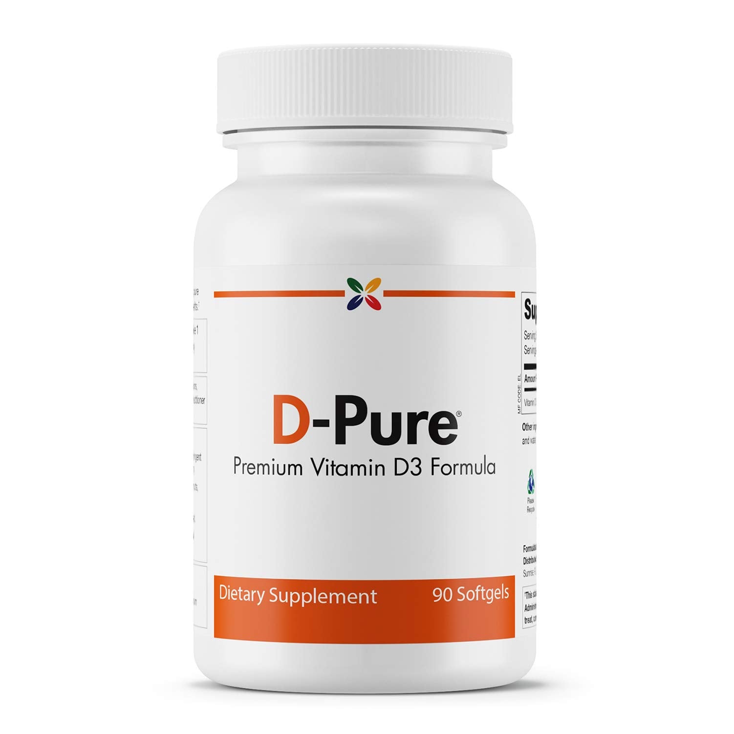 Bottle of Stop Aging Now D-Pure Vitamin D3 with safflower oil and 90 softgels