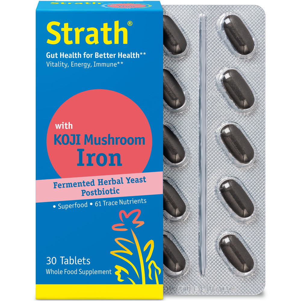 Front view of Strath Koji Mushroom & Iron bottle – 30 tablets