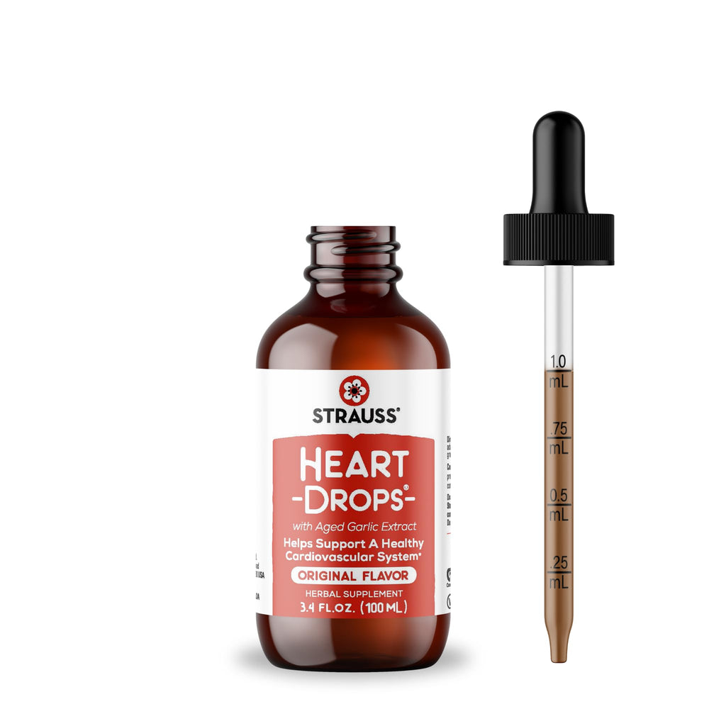 Strauss Heart Drops bottle label featuring garlic extract and herbs