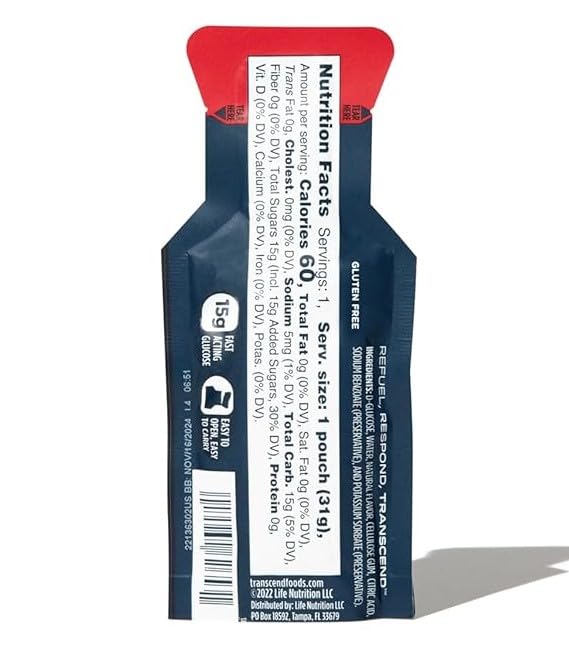 Close-up of strawberry flavored glucose gel packet