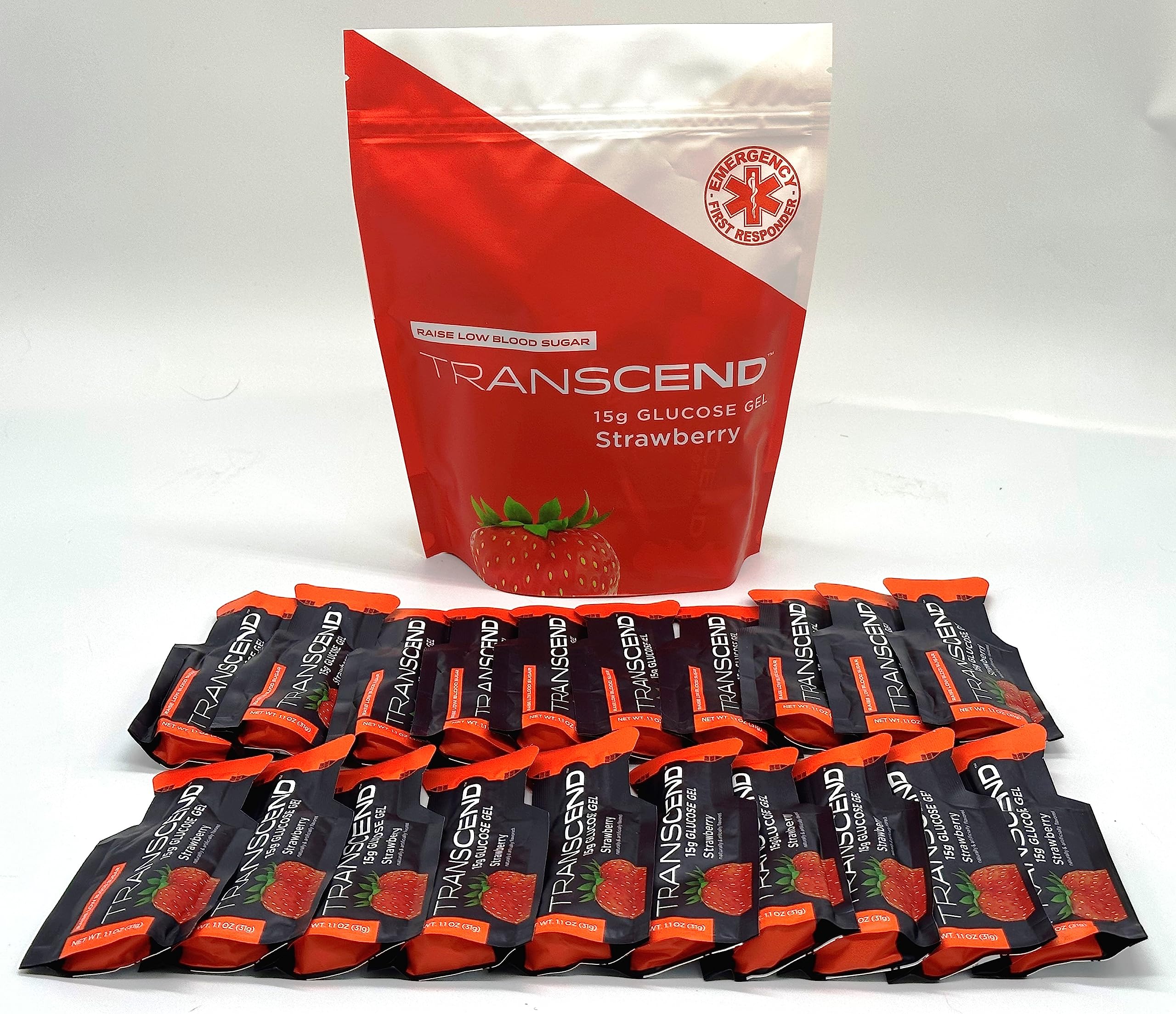 Strawberry glucose gels in 1.1-ounce packets in branded bag