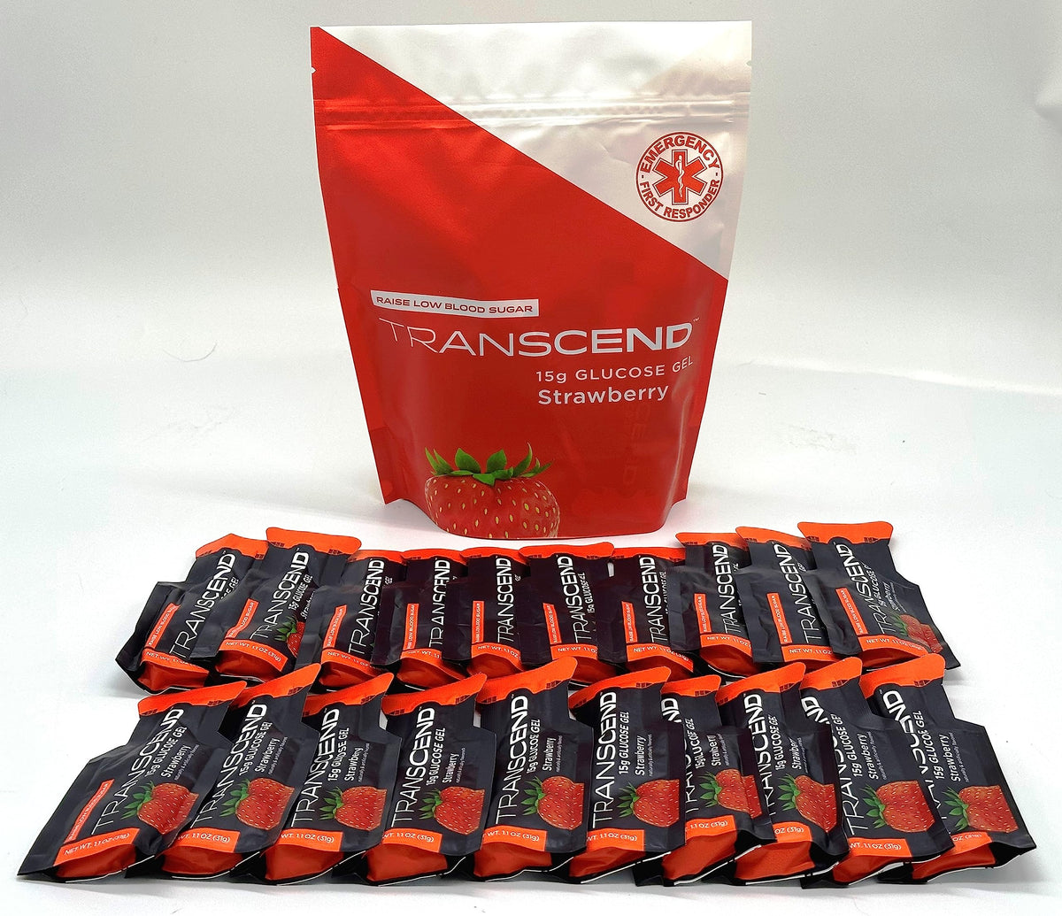 Strawberry glucose gels in 1.1-ounce packets in branded bag