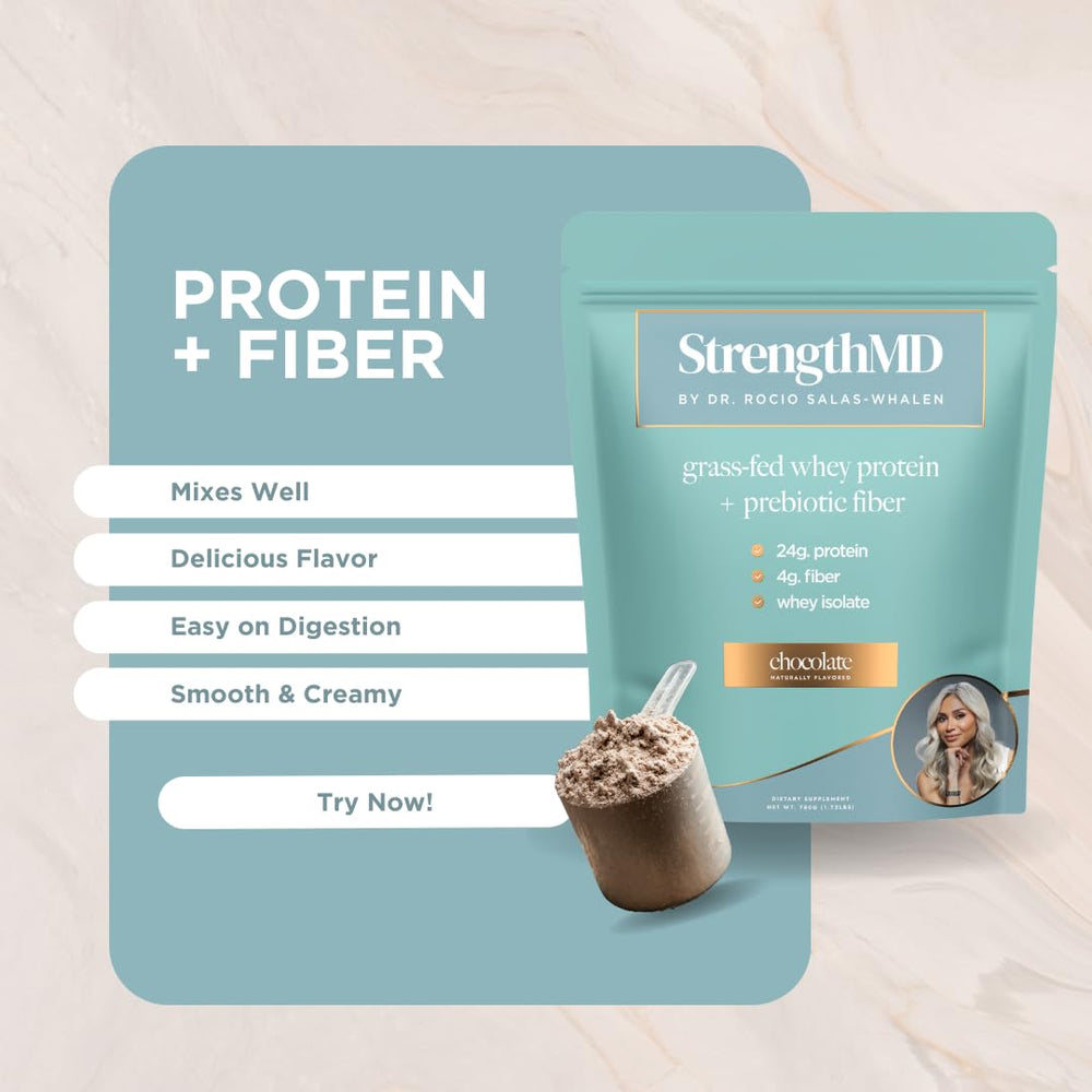 StrengthMD grass-fed whey protein with digestive enzymes underscores easy mixing.