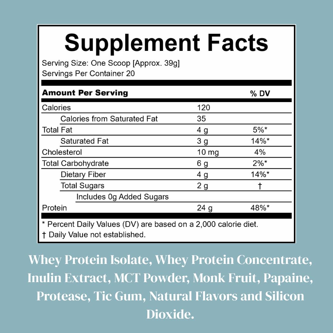 Nutrition panel showing 24g protein and 4g fiber per serving
