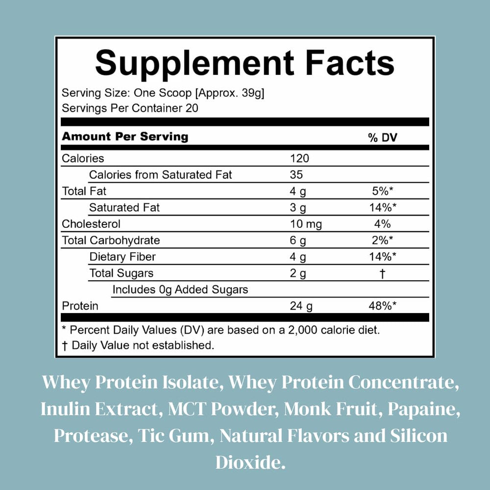 Nutrition panel showing 24g protein and 4g fiber per serving